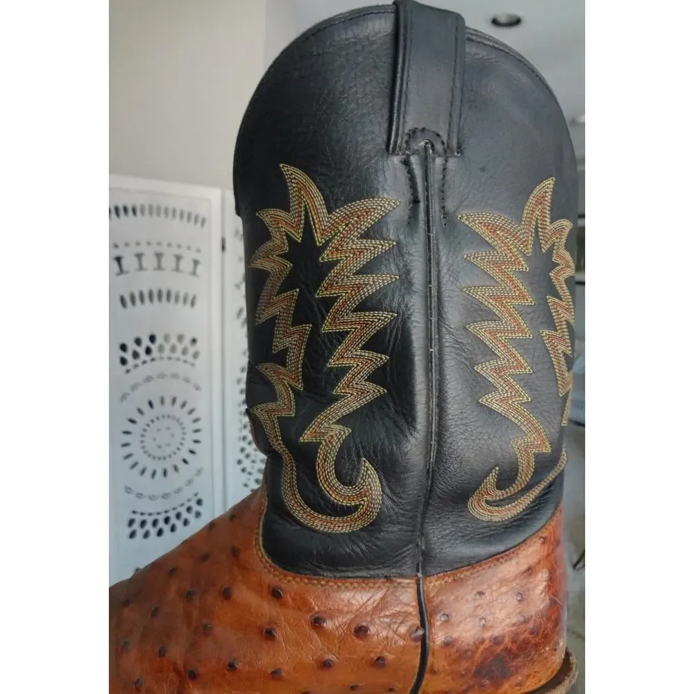 Vintage JUSTIN Ostrich Leather Brown Black Western Cowboy Boot Men 12 Full Quill